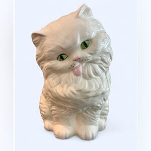 Vintage 1987 White Persian Cat Green Eyes Tongue Sticking Out Ceramic Figurine